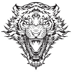 roaring tiger face with illustration tattoo style. black and white tone with isolate background 