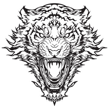 roaring tiger face with illustration tattoo style. black and white tone with isolate background 
