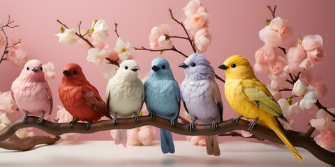 small bird of several colors perched on a twig and flat background