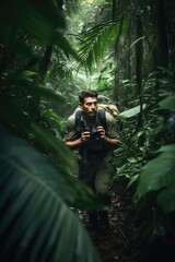 shot of a man hiking through the jungle with his camera