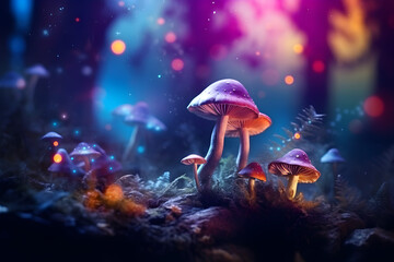 Fototapeta na wymiar Magic psychedelic surreal mushrooms, fungi. Autumn fairy mystic concept. Foggy blurred background. 