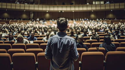 A male speaker giving presentation in hall at university workshop. Audience or conference hall. Training. Generative Ai