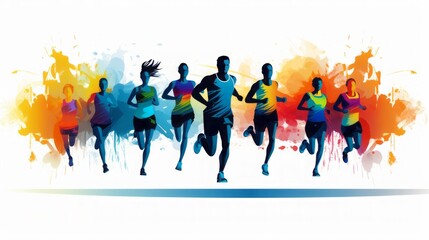 Marathon run. Group of running people, men and women. Isolated vector silhouettes, rainbow colours, high quality, copy space, 16:9