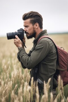 shot of a man taking pictures with his camera while out in the field