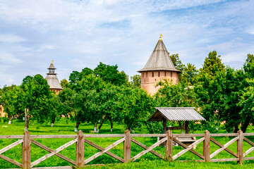 Suzdal, Vladimir Oblast, Russia - 5 July 2023: Defensive towers and walls in the apothecary's garden in Spaso-Evfimiev (Saint Euthymius) Monastery in Suzdal.