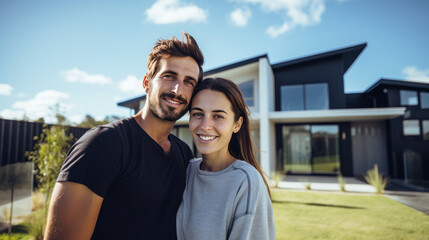 couple heureux nouveaux propriétaire posant devant leur villa