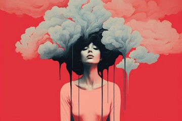 Female mental health and psychology art illustration concept. Front view of a calm woman with closed eyes relaxing, smoke over her head
