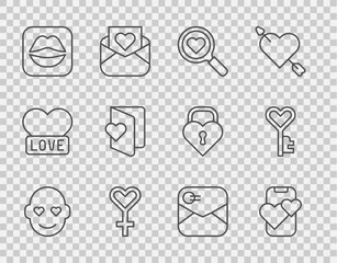 Set line Romantic man, Dating app online mobile, Search heart and love, Female gender symbol, Smiling lips, Valentines day flyer, Envelope with and Key shape icon. Vector