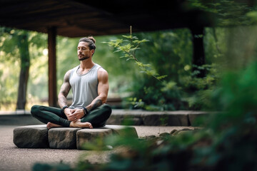 Young muscular man sitting and meditating outside in the nature - obrazy, fototapety, plakaty