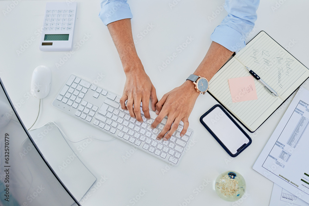 Poster person, hands and keyboard for planning finance, accounting and taxes management with phone screen m