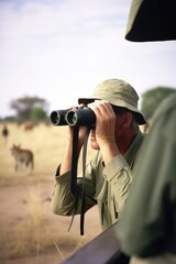 shot of a man using binoculars to watch an animal in the distance