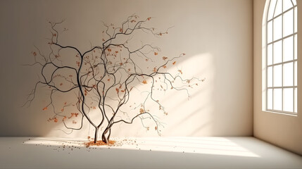 A growing tree in the interior of a room by the window, generative AI.