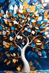vibrant 3D tree, cascading leaves, blue leaves, white leaves, golden leaves, surreal abstract background, colorful tree, 3D art, tree artwork, vibrant colors, surreal tree, abstract tree, dreamlike.