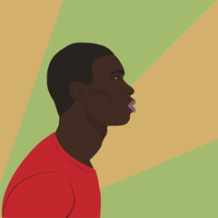 Fototapeta premium Black african-american man middle age. Male portrait in a red T-shirt on a light background. A realistic Man with a short haircut. Profile view. Illustration for poster, cover, report.