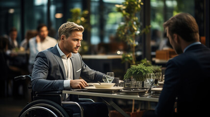 Disabled person businessman in a wheelchair, in cafe having a business meeting lunch, working at restaurant. Confident handicapped man sitting at table and chatting with friend. generative ai