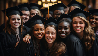 Young Graduate Diverse Group Celebrating Success in University. Smiling Girl in Graduation Gown and Hat. Achievement, Education, Bright Future Success Concept. Commencement Ceremony on College Campus