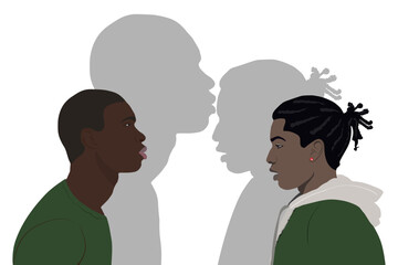 Two men in green clothes look at each other. African Americans in profile.