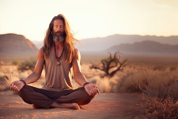 Calm, peaceful long haired muscular man sitting in lotus position and meditating in the dessert