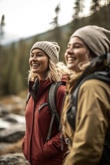Fototapeta premium shot of two female friends hiking through the wilderness