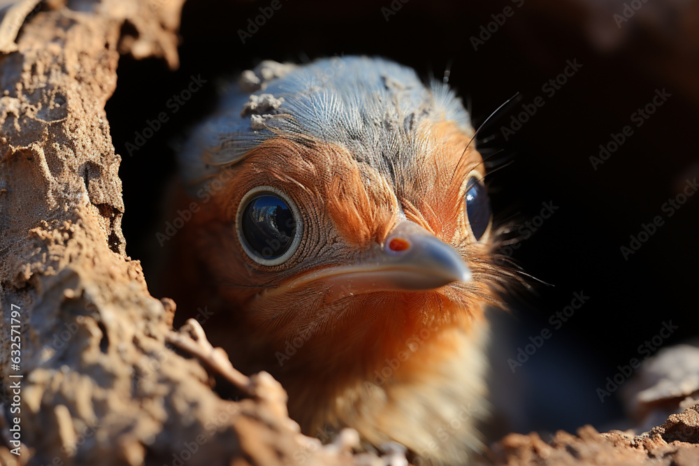 Poster a close-up of a baby bird's beak poking through a small hole in its egg. generative ai technology.