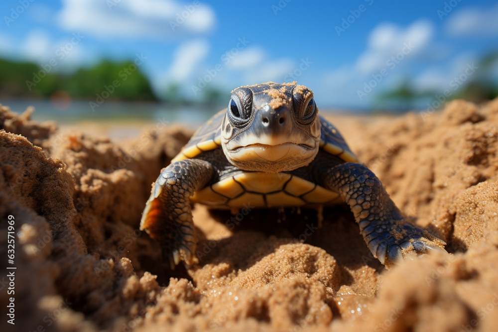 Poster a baby turtle emerging from the sand as it hatches on a beach. generative ai technology.
