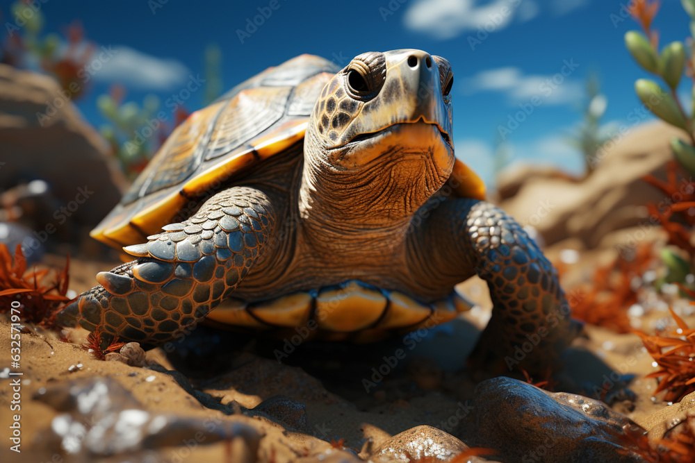Poster a baby turtle emerging from the sand as it hatches on a beach. generative ai technology.