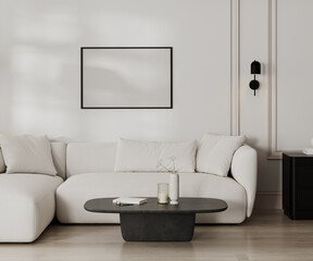 picture frame mock up in modern living room with white sofa and wall with moldings, black and white french style, 3d render