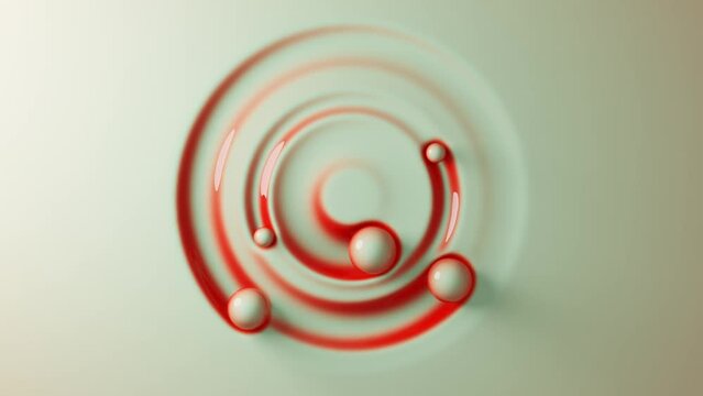 Four balls roll in a circle on a soft surface. Top view of spheres in contact with liquid material. Japanese style with red stripes. 3D visualization.