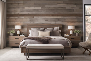 Create a serene bedroom with a muted color palette and natural materials, such as a reclaimed wood accent wall, providing a rustic touch to the minimalist space." Generative AI