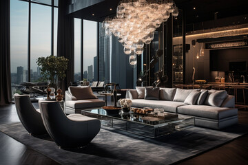 Craft a captivating living room with a statement chandelier, suspended above a sleek glass coffee table, reflecting the modern elegance of the apartment." Generative AI