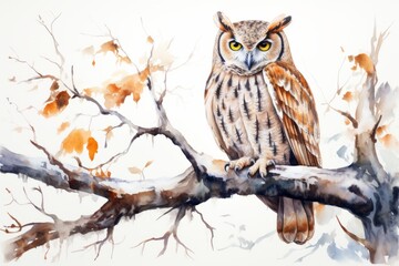Watercolor owl standing on a tree branch. Beautiful illustration picture. Generative AI