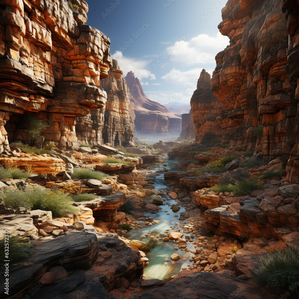Poster an aerial view of a canyon landscape, with deep cracks and gorges carved by the forces of erosion ov