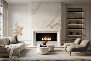 Craft an elegant living room with a minimalist marble fireplace, set against a backdrop of monochromatic tones, emanating an atmosphere of refined luxury." Generative AI