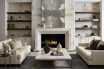 Craft an elegant living room with a minimalist marble fireplace, set against a backdrop of monochromatic tones, emanating an atmosphere of refined luxury." Generative AI