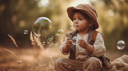 Bohemian style portrait of a cute child playing with bubbles