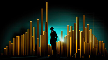 Analyzing Data: Businessman's Silhouette and Illuminated Bar Graph