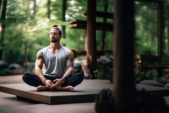 Young Muscular Man Sitting And Meditating Outside In The Nature