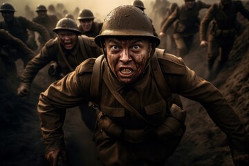 Obraz premium Wide angle modern military in the trench. Beautiful illustration picture. Generative AI