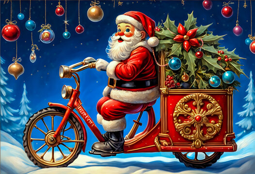 Weihnachtsexpresslieferung durch Santa Claus auf dem Lastenfahrrad, gen AI
