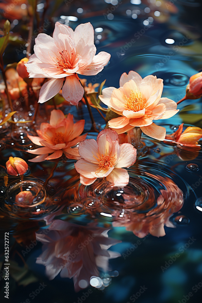 Poster a picturesque scene of colorful leaves floating on the water's surface, their reflections forming de
