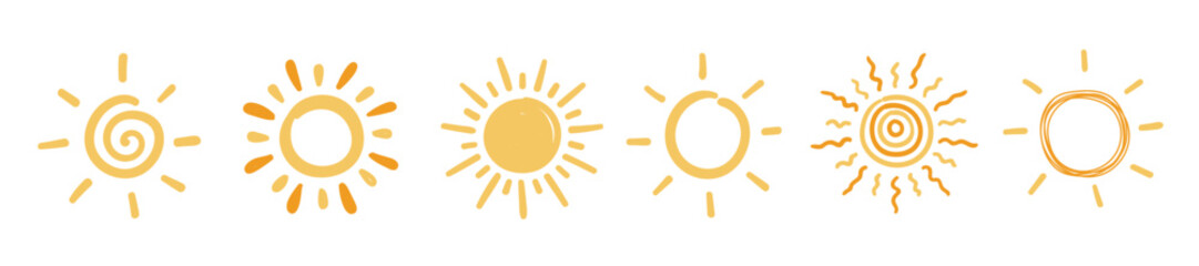 Cute doodle sun set. Set of illustrations in hand drawn style.
