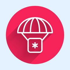 White line Humanitarian aid icon isolated with long shadow. Medical cargo goes down to hard-to-reach places with a parachute. Red circle button. Vector