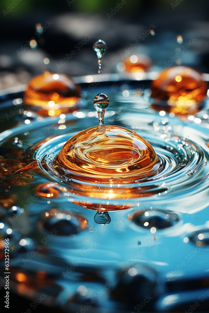Poster A close-up shot of a single water droplet hitting the surface of a pond, generating a series of concentric circles.  Generative AI technology.