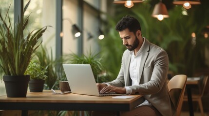Fototapeta premium Young professional businessman is working by laptop. Beautiful illustration picture. Generative AI