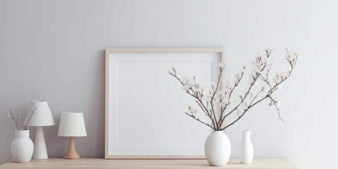 Horizontal white frame mockup on table with vase and plants. Scandinavian interior. Generative AI