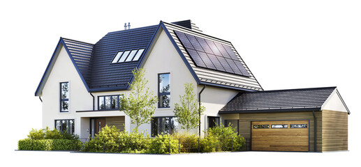 Modern house with solar panels on a transparent background - obrazy, fototapety, plakaty