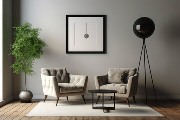 Stylish living room interior with sofa, coffee table, plants, pictures on wall. Generative AI