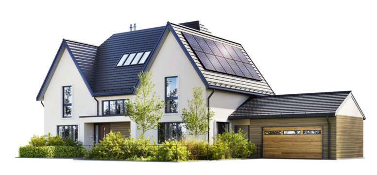 Modern house with solar panels on a transparent background