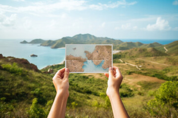 Unrecognizable tourist holds postcard in front of natural landscape. AI generated