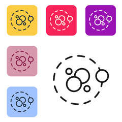 Black line Atom icon isolated on white background. Symbol of science, education, nuclear physics, scientific research. Set icons in color square buttons. Vector